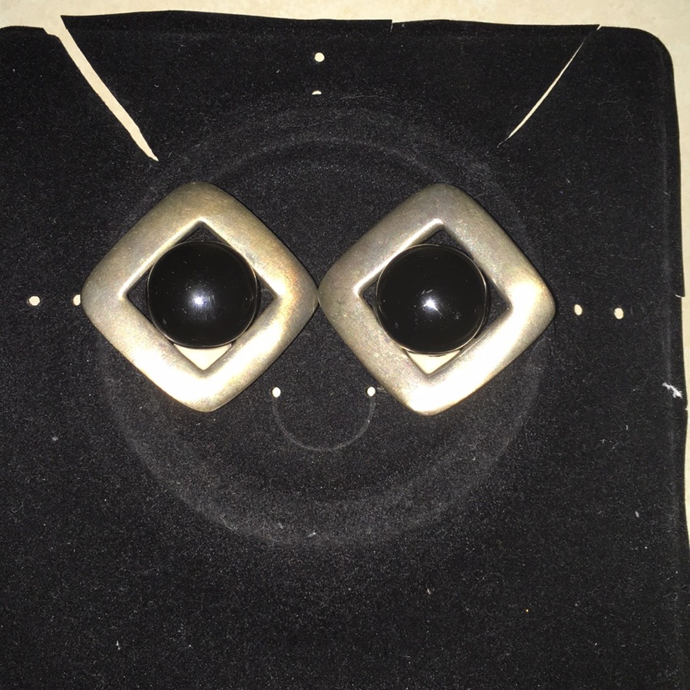 Vintage Art Deco Silver Black Onyx Clip Earrings